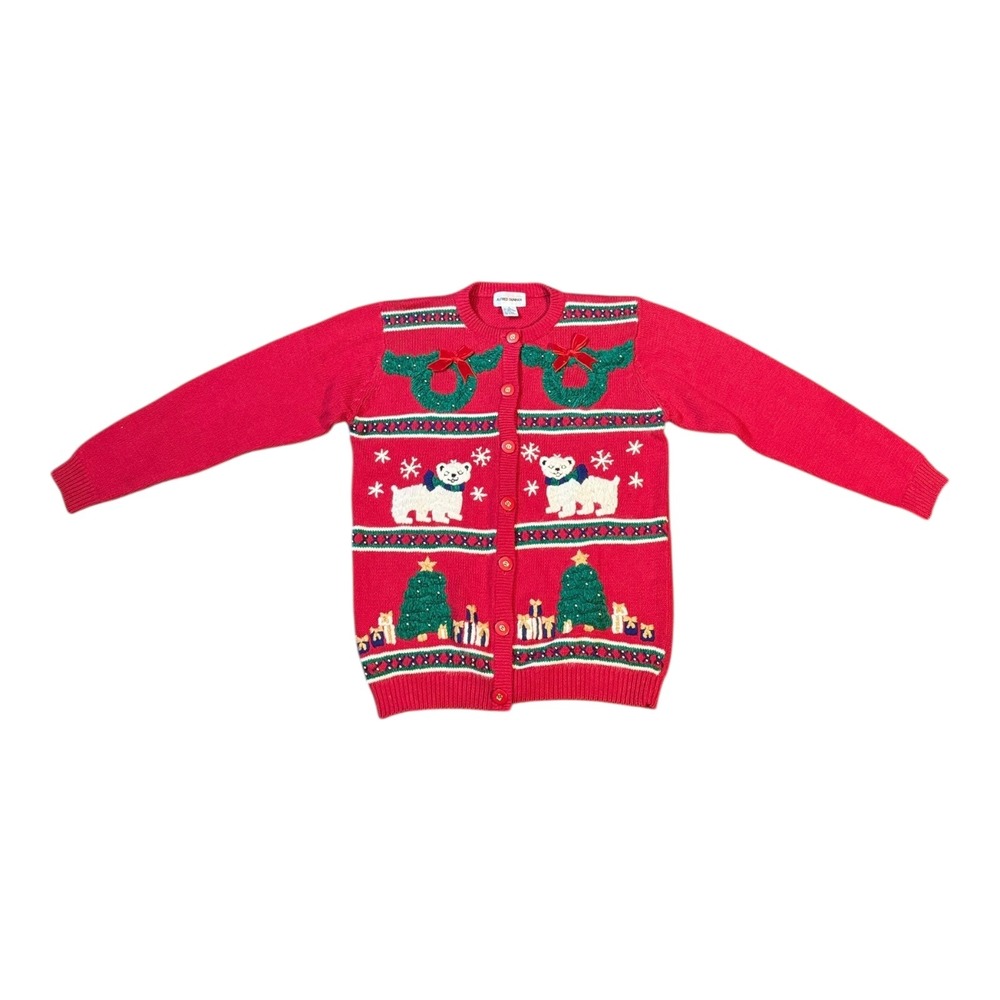 Alfred Dunner Christmas Cardigan M Red Ugly Sweater Embellished Grandma Vtg